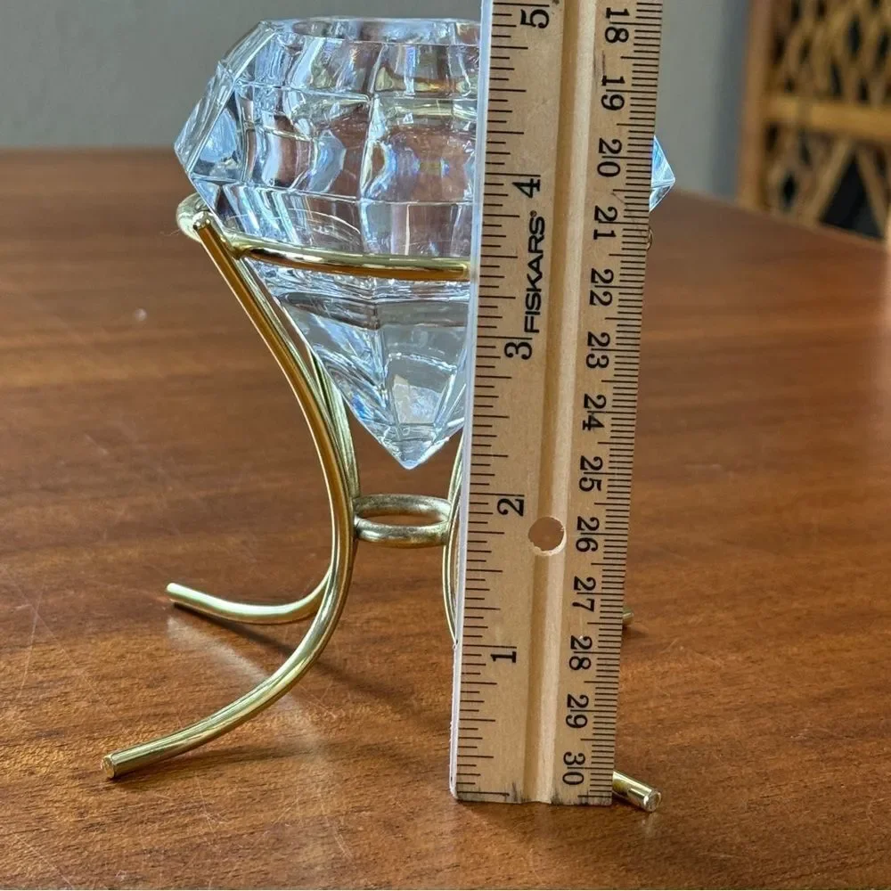 PARTYLITE Diamond Solitaire Shaped 24% Lead Crystal Candle Holder Gold Stand - Picture 6 of 10